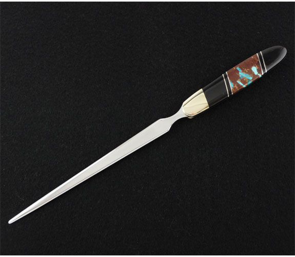 Stone Inlay Letter Opener, Tourquoise, Copper, Brown Matrix Jet